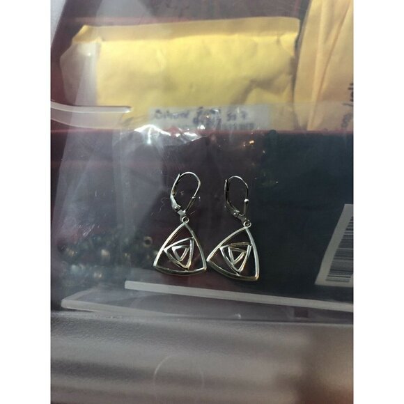 925 Sterling Silver Two Triangle Shape Dangle Drop Earrings - Picture 6 of 7